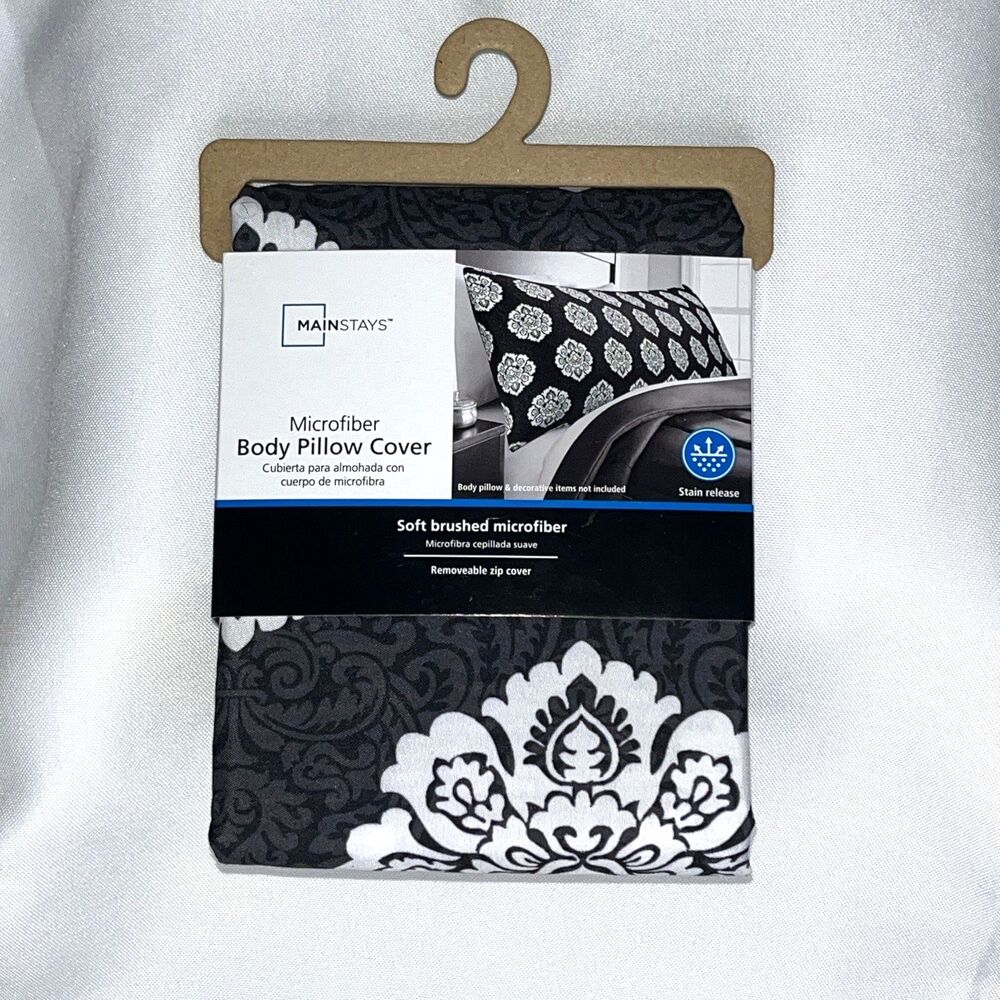 New Mainstays Microfiber Black White Damask Zip Body PillowCase Cover 20" x 54"